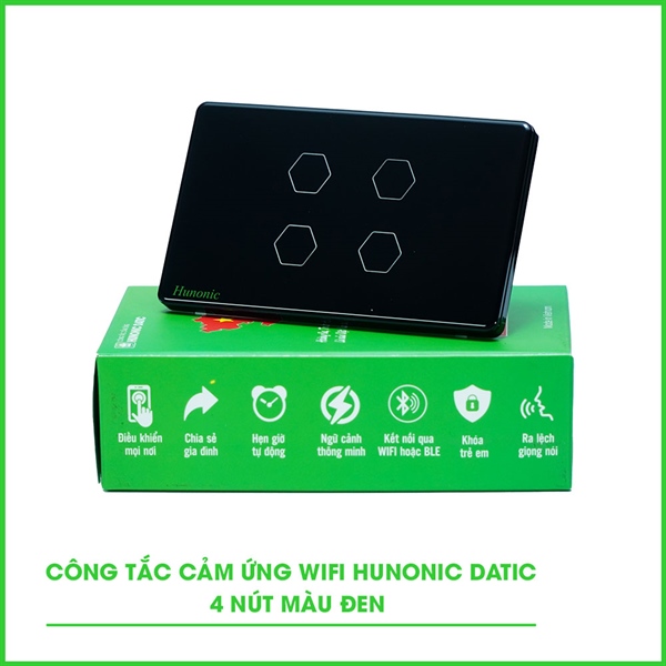 Công tắc cảm ứng WiFi Hunonic Datic 4 Nút, màu Đen