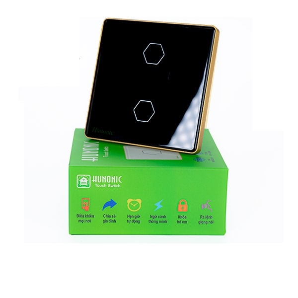 Công tắc cảm ứng WiFi Hunonic 2 Nút, HV, màu Đen