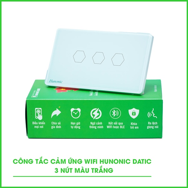 Công tắc cảm ứng WiFi Hunonic Datic 3 Nút, màu Trắng