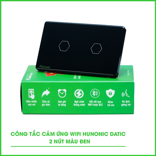 Công tắc cảm ứng WiFi Hunonic Datic 2 Nút, màu Đen