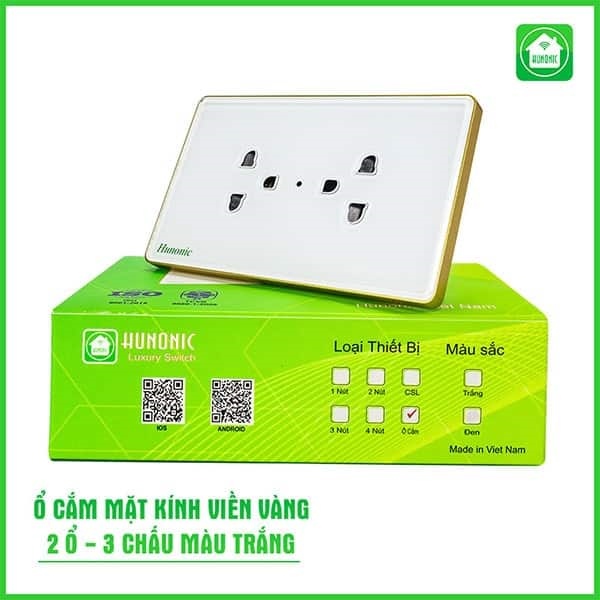 Ổ cắm Hunonic có tiếp địa viền Vàng, màu Trắng