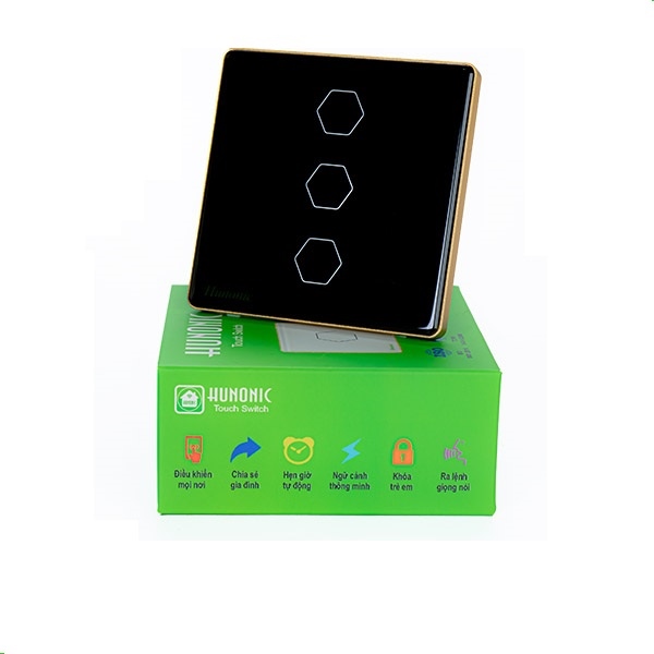 Công tắc cảm ứng WiFi Hunonic 3 Nút, HV, màu Đen
