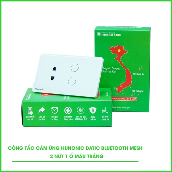Công tắc cảm ứng BLE Hunonic Datic 2 Nút 1 Ổ, màu Trắng
