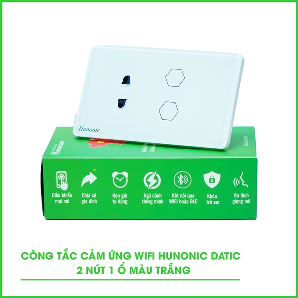 Công tắc cảm ứng WiFi Hunonic Datic 2 Nút 1 Ổ, màu Trắng