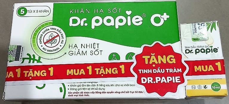 Khăn hạ sốt Dr Papie 0+ (Hộp 5 túi x 5 khăn) + Tinh dầu tràm gió Dr Papie 10ml - Starmed