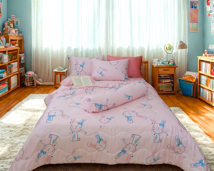 Chăn hè (Vỏ mền/ vỏ mền chần) Tencel 60s họa tiết thỏ hồng