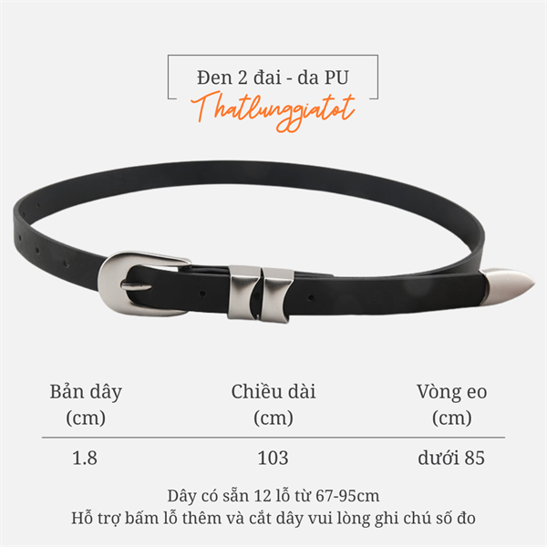 Thắt lưng nữ bản nhỏ y2k da cao cấp kiểu Hàn Quốc bản 1.8cm (Hỗ trợ cắt, bấm lỗ dây nịt) TLD028 - Thắt Lưng Giá Tốt - Đen