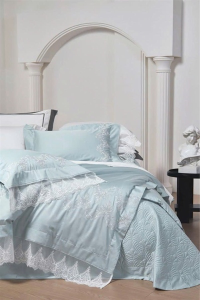 Bộ ga xanh viền ren trắng | Tencel Lenzing - UC23