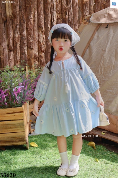 33620-Đầm xanh tay lỡ thêu hoa