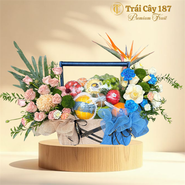 Giỏ Trái Cây Mix Hoa Tone Xanh - Nâu