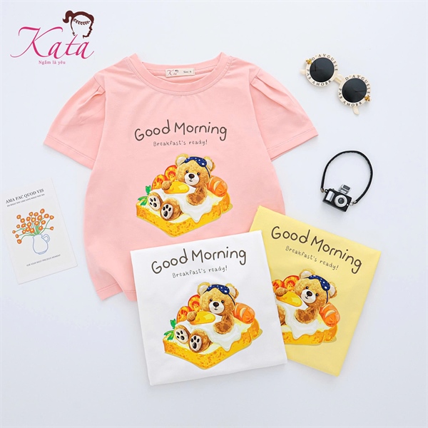 Áo Thun Bé Gái Good Morning Gấu Dễ Thương 12-35kg | Áo Tay Phồng Cotton Mềm Mát