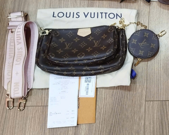 Túi LV Multi Pochette hoa nâu set 3 +