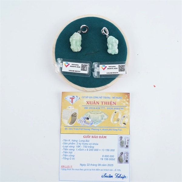 Cặp Charm cụ tỳ hưu xanh bọc vàng trắng (993374-393727) +