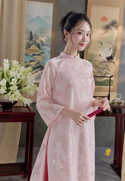 [AH] Set áo dài tơ thêu nổi cổ đứng + quần lụa phi + bờm