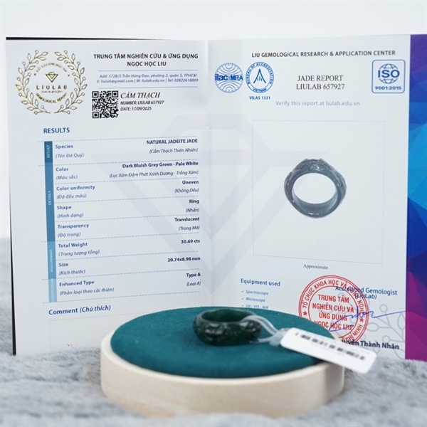 Nhẫn càn long chạm tỳ hưu băng lam pha lục Gua sz20.74-8.98 (657927) KG+