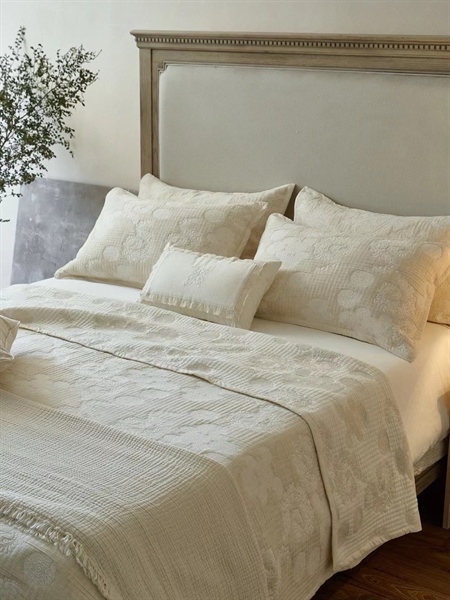 Bộ 3 món màu kem - Dệt hoa tròn | Ba lớp Cotton Linen - ZH07.03 - Kt 220x240 cm