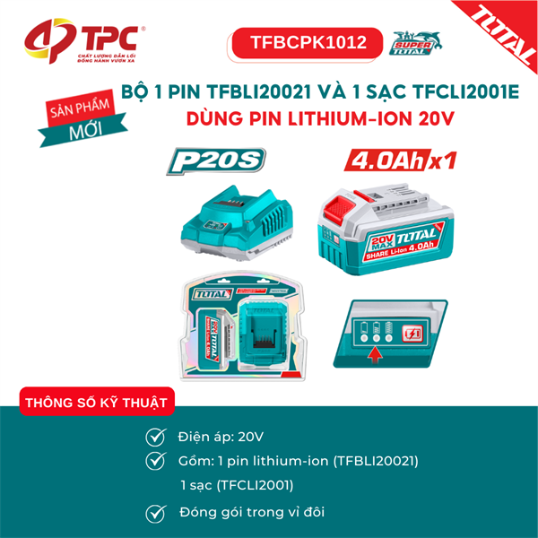 Bộ 1 pin 4ah và 1 sạc dùng pin 20V TOTAL TFBCPK1012
