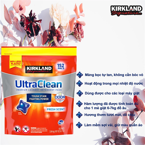 Viên giặt xả Kirkland ultra clean túi = 152V 3.04 kg Mỹ