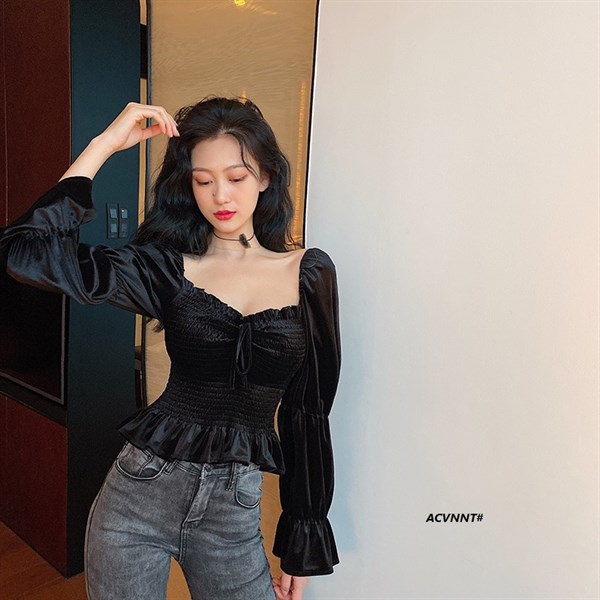 Áo Cổ Vuông Nhung Nhún Thân#