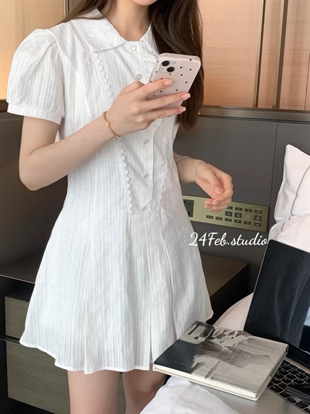 [An Hưng] Váy sơ mi đũi thô dáng xòe xếp ly tặng kèm quần