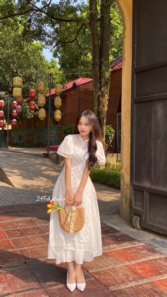 [An Hưng] Set áo dài voan hoa trắng tay ngắn kèm chân váy xòe