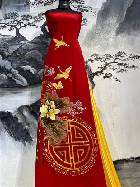 V thêu tay đỏ hồng nhung hạc sen