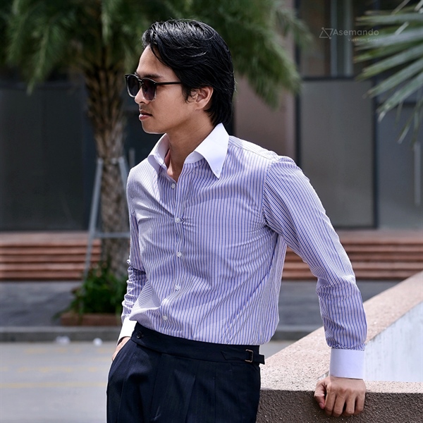 Winchester Kẻ xanh cam Cotton Silk Áo sơ mi nam dài tay chính hãng Asemando
