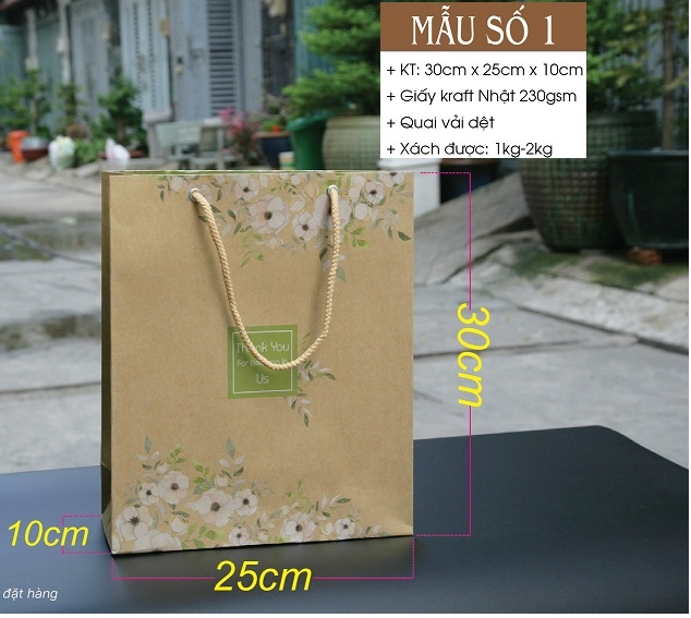 Túi giấy Kraft NÂU HOA số 1 (30x25x10cm)-1 cái