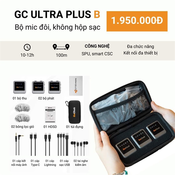 Mic thu âm không dây đôi, không dock sạc GoChek PLUS B