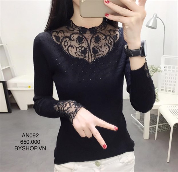 AN092 - Áo len cao cấp tay và cổ phối ren hoa xinh xắn kết hợp hạt đá sang trọng