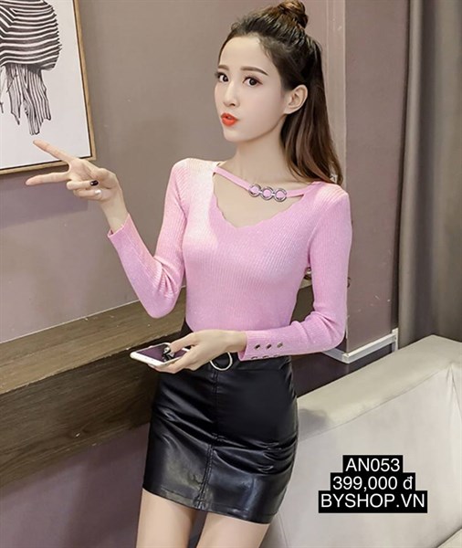 AN053 - Áo len cổ rộng phối kiểu xinh xắn tay có thiết kế nút cá tính