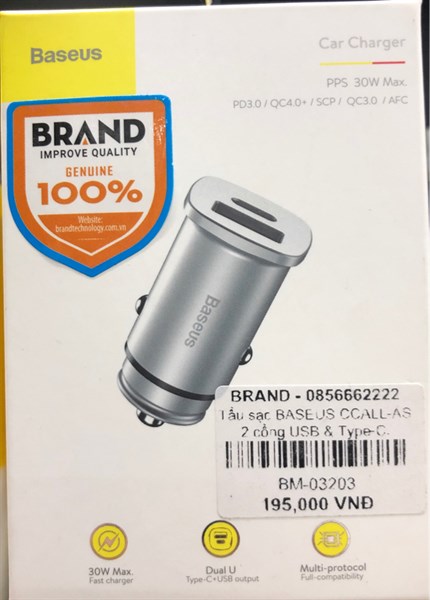 Tẩu sạc BASEUS CCALL-AS 2 cổng USB & Type-C. Square metal 30W. PD3.0. QC4.0