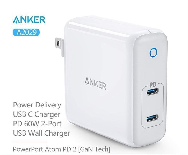 Sạc ANKER A2029 60W, 2 cổng Type-C