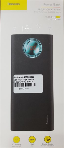 Sạc dự phòng BASEUS 20.000mAh BS-20KP203 LED Mulight Quick Charger 3.0. OUT: USB 2.1A&QC3.0 & 1 Type-C 3A, IN: Lightning, Micro & Type-C 2A