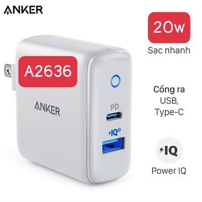 Sạc ANKER A2636 PowerPort PD+ 2 35W, 2 cổng USB IQ Type-C