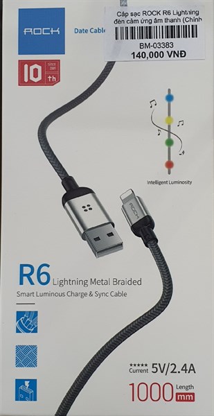 Cáp sạc ROCK R6 Lightning 2.4A 100cm đèn cảm ứng âm thanh