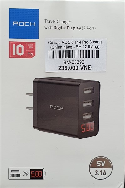 Sạc ROCK T14 Pro 3 cổng 3.1A Display
