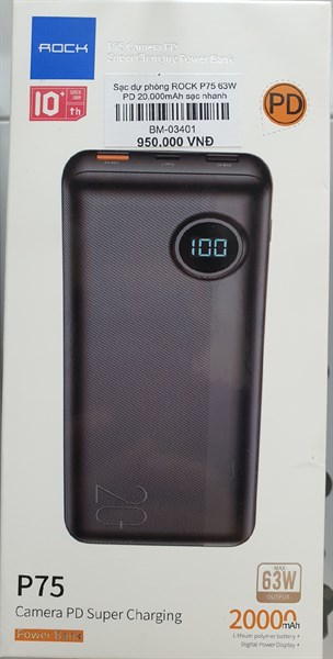 Sạc dự phòng ROCK P75 PD 20.000mAh 63W sạc nhanh