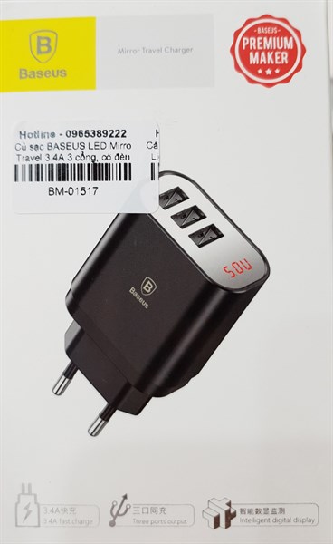 Sạc BASEUS LED Mirro Travel 3.4A 3 cổng, có đèn báo. OUT: 2 USB 2.4A& 1 USB 1A