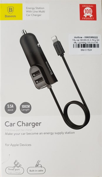 Tẩu sạc BASEUS 2 cổng liền dây Lightning 1M cho ô tô. OUT: Max 5.5A