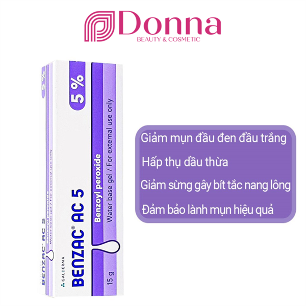 Kem trị mụn viên mụn đầu trắng Benzac AC 5% Benzoyl Peroxide Galderma Water Base Gel 15gr