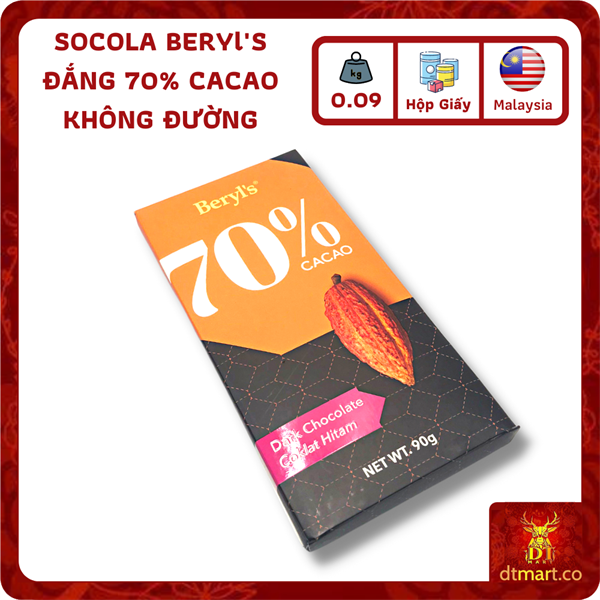 SOCOLA BERYL'S 90G - SOCOLA ĐẮNG 70% CACAO KHÔNG ĐƯỜNG