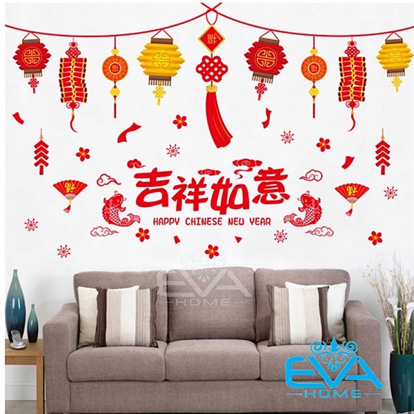 Decal Tết / Decal Dán Tường Dán Kính Trang Trí Tết Họa Tiết Lồng Đèn Cá Chép XL859 M2129