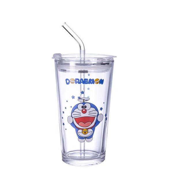 Ly Thuỷ Tinh Mèo Máy Mon Có Vạch Chia 400 Ml Kèm Nắp Đậy Và Ống Hút - LDLMX400