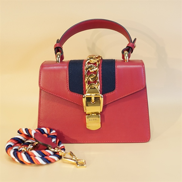 Túi xách GG đỏ phối sọc xanh đen KG+