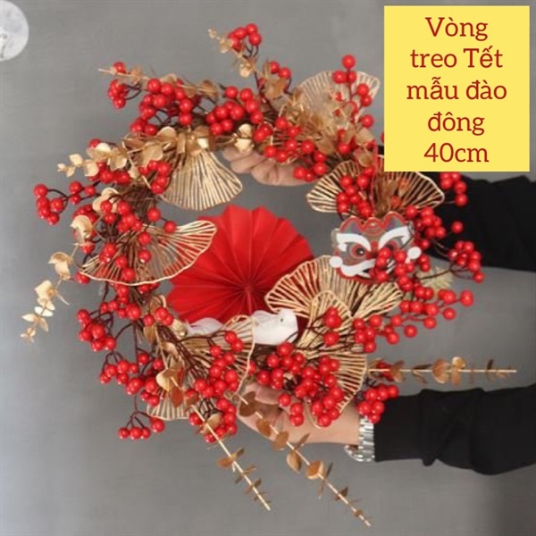 Vòng treo cửa tết hoa đào đông quạt giấy đỏ