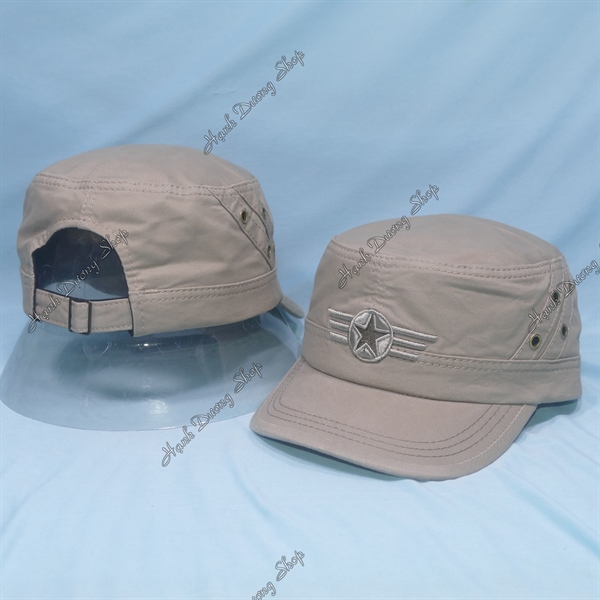 Nón lính mũ lưỡi trai đầu bằng thêu ngôi sao chạy sọc 2 bên hông, có đóng 4 sò 2 bên