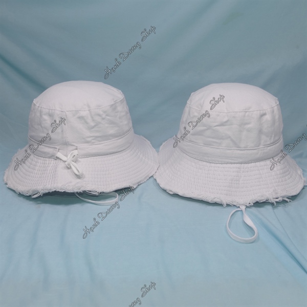 Nón tai bèo vành rộng 7cm hàng Việt nam, mũ bucket tua rua trơn không thêu phía trong có dây quai và trên có dây rút giảm size đầu