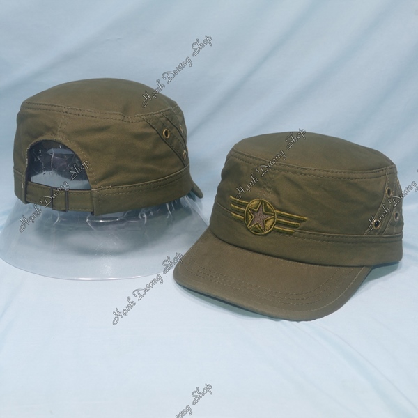 Nón lính mũ lưỡi trai đầu bằng thêu ngôi sao chạy sọc 2 bên hông, có đóng 4 sò 2 bên