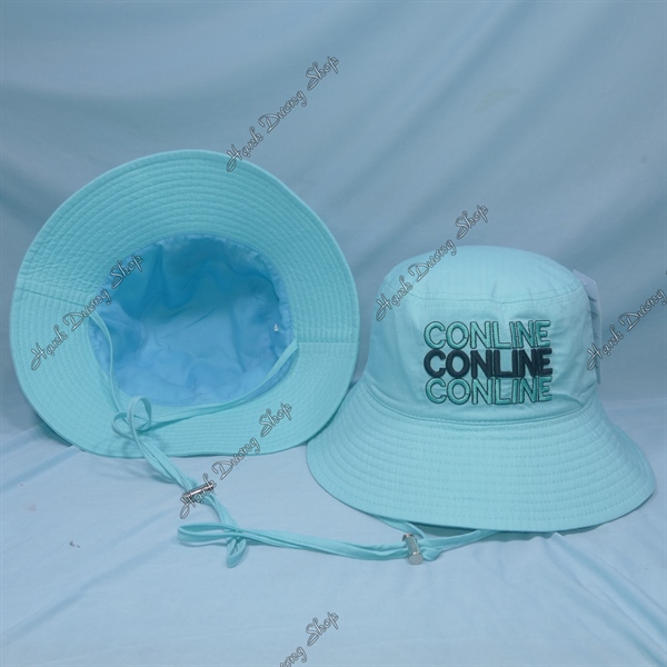 Nón tai bèo vành rộng 7,5cm vòng đầu 56-58cm phía trước có thêu chữ Conline vải cotton cao cấp phía trong có lớp lót và có dây quai khóa inox
